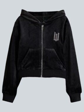 Wicked velour zip up rhinestone embellished hoodie black women's size M
